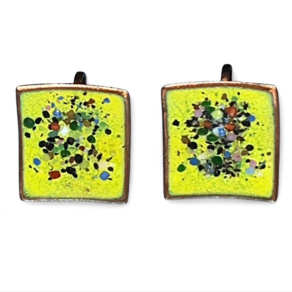 Bright Yellow Confetti Square Rose Gold Copper Tone Screwback Clip On Earrings